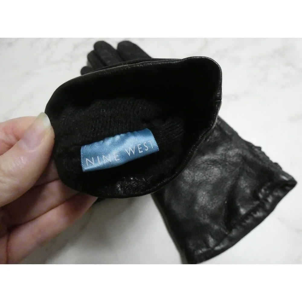 Nine West Women's L Black Leather Gloves Poly Knit Lined Ruched Wrists